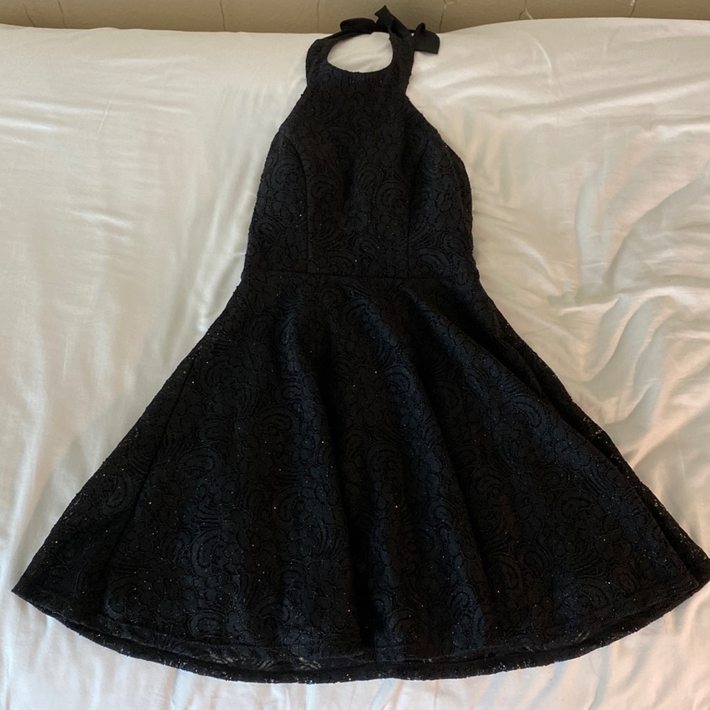 Black Sparkly Lace Fit&Flare Halter Dress